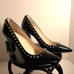 FSJ Olive Pointed Toe Chunky Block Heel Crystal Pumps Dress Shoes